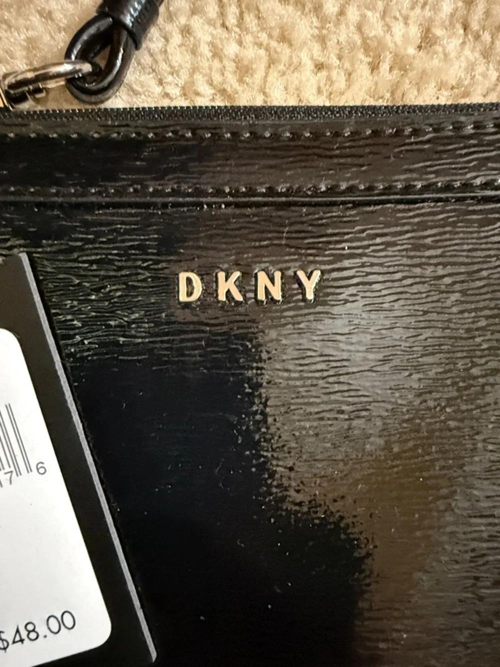 NWT DKNY Black Patent Wristlet with Strap and silver hardware